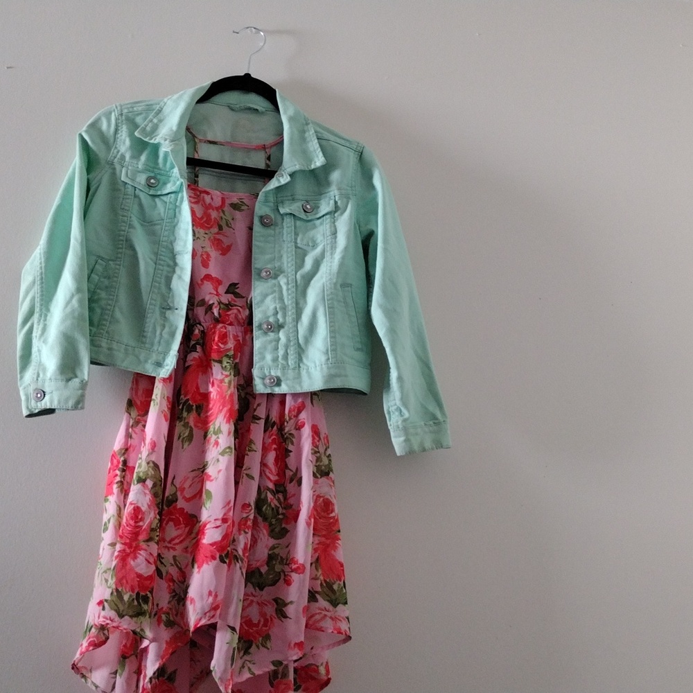 Girls Size 7/8 Floral Pink Dress with Mint Green Jacket